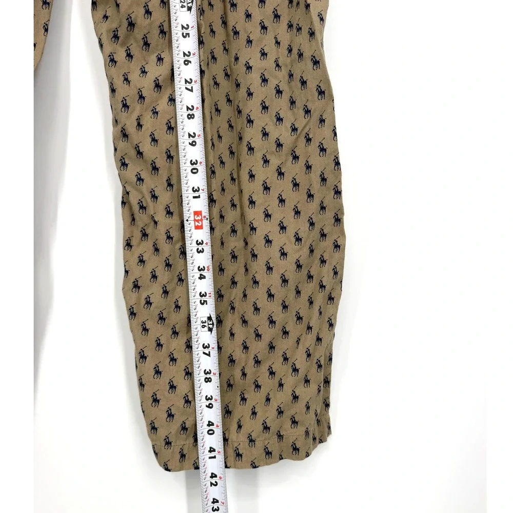 Polo Ralph Lauren Mens Pajama Pants Tan Navy Blue Pony All Over Print Cotton L